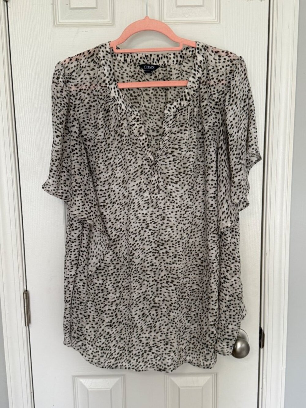 Chaps Animal Print Flutter Sleeve Black White V-neck Blouse Flowy Career 2X